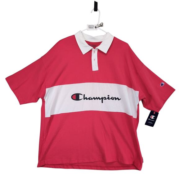 NWT Champion Men's L Logo Rugby Polo Shirt, Red White, Oversized Baggy Retro - Picture 1 of 6